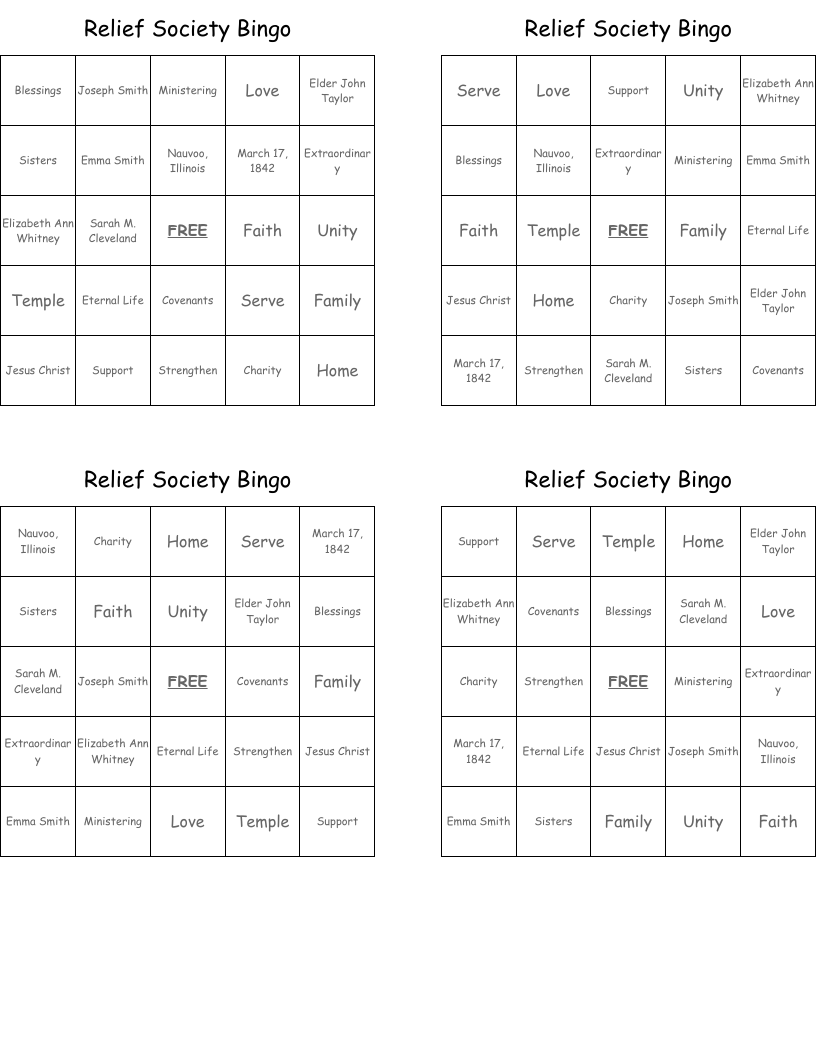 Relief Society Bingo