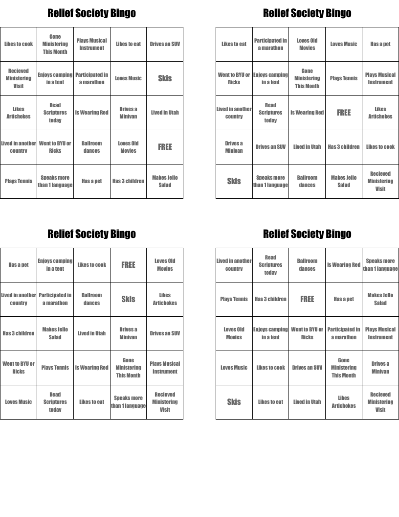 Relief Society Bingo