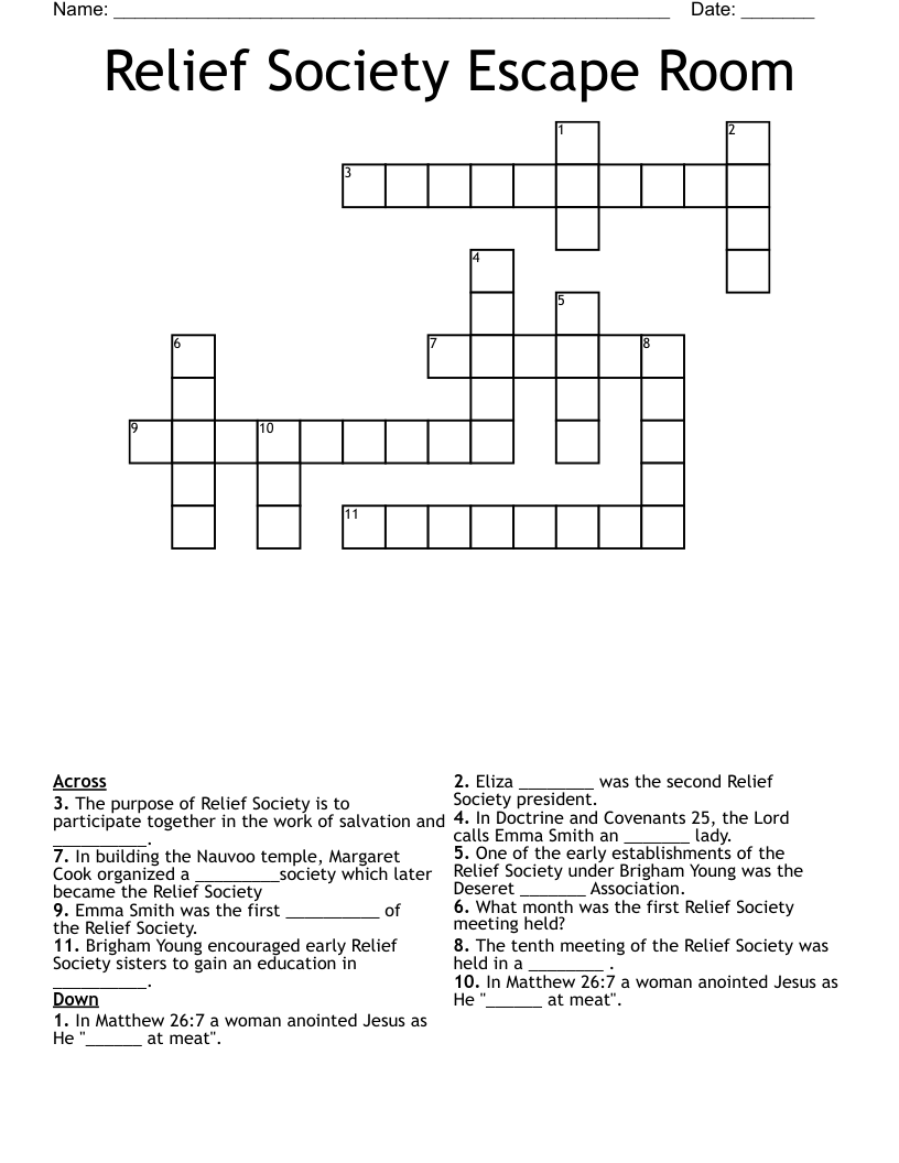 Relief Society Escape Room Crossword