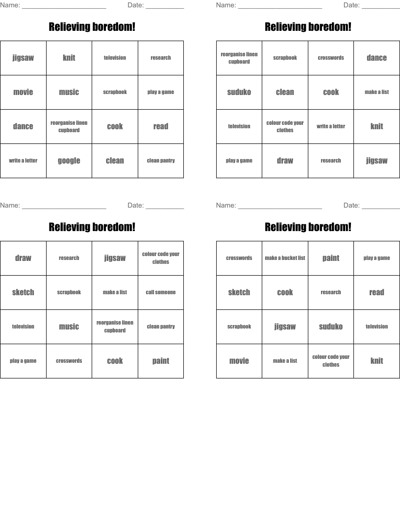 Relieving boredom! Bingo Cards