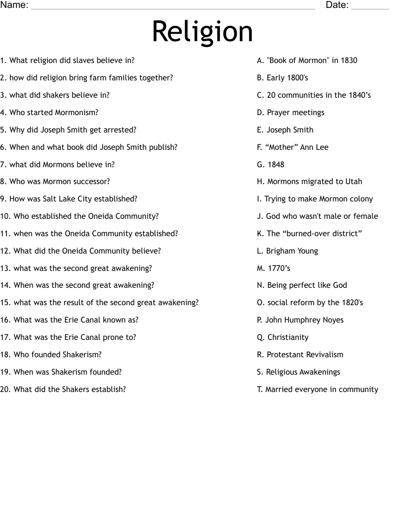 Religion Worksheet