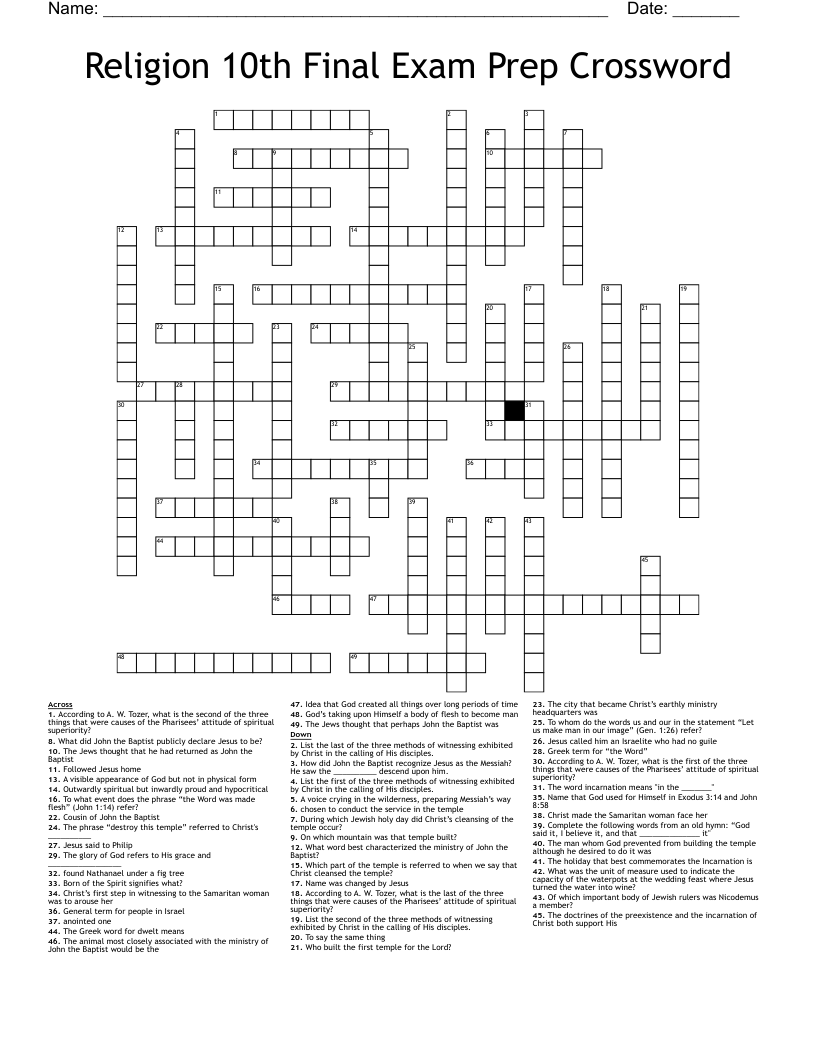Religion 10th Final Exam Prep Crossword