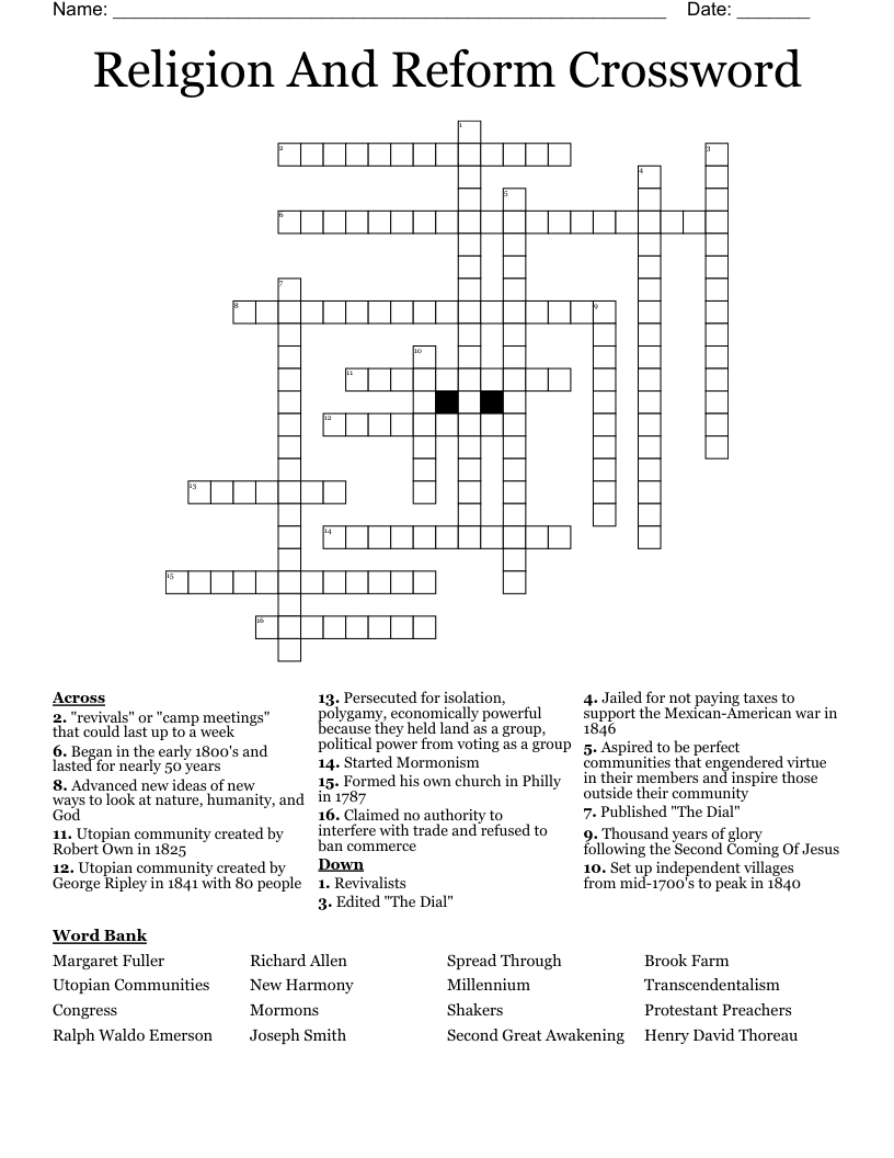 Religion And Reform Crossword