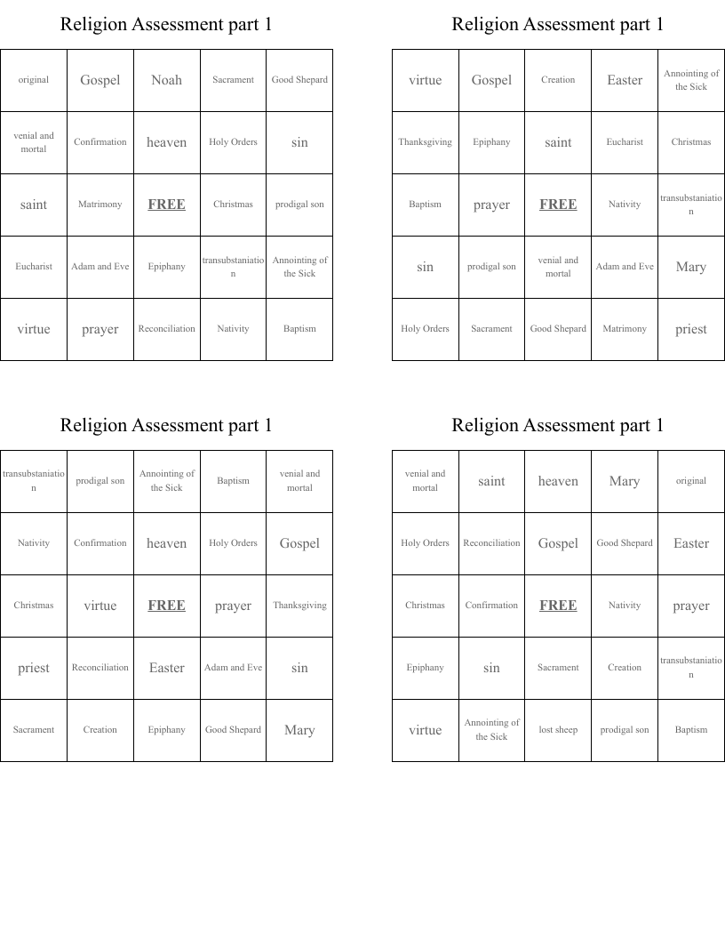 Religion Assessment part 1 Bingo Cards