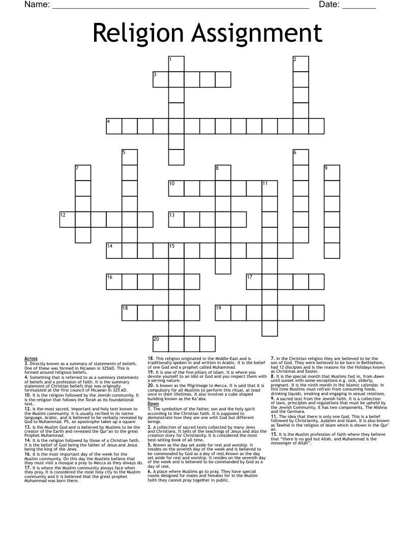 Religion Assignment Crossword