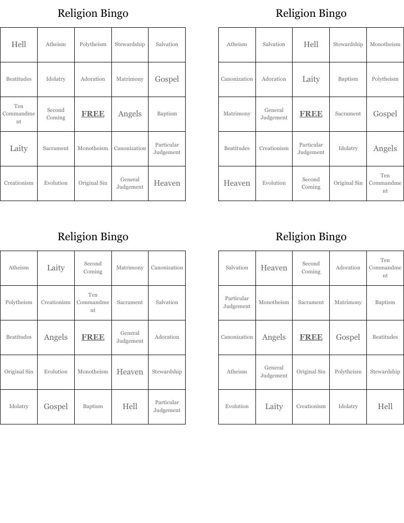 Religion Bingo