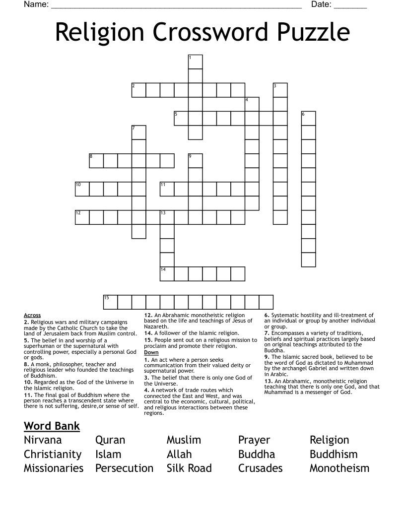 Religion Crossword Puzzle