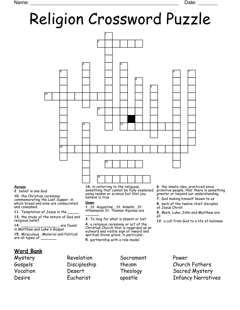 Religion Crossword Puzzle