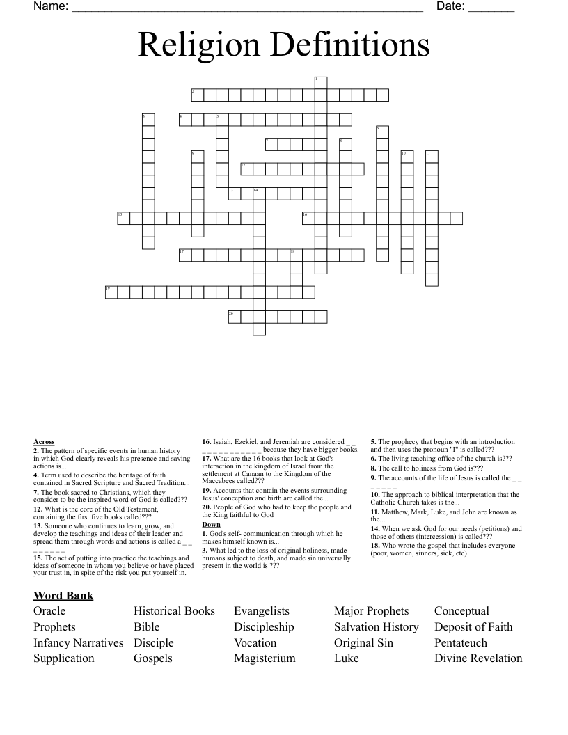 Religion Definitions Crossword