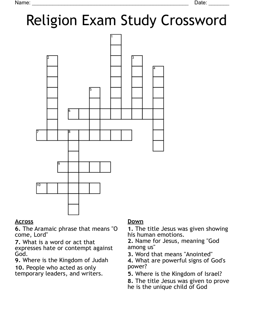 Religion Exam Study Crossword