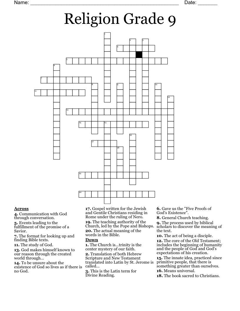 Religion Grade 9 Crossword