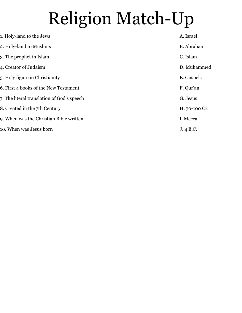 Religion Match-Up Worksheet
