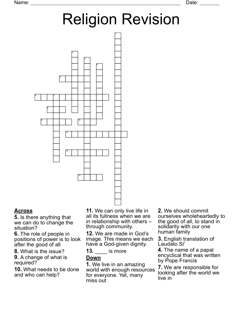 Religion Revision Crossword