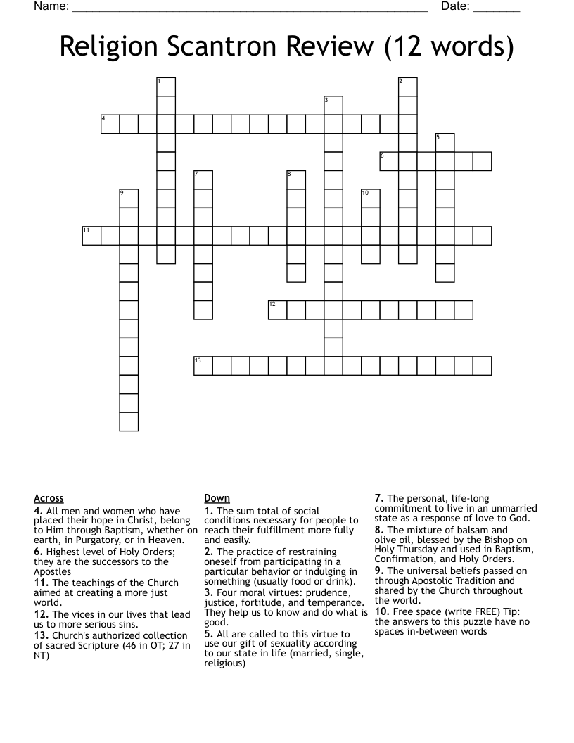 Religion Scantron Review (12 words) Crossword