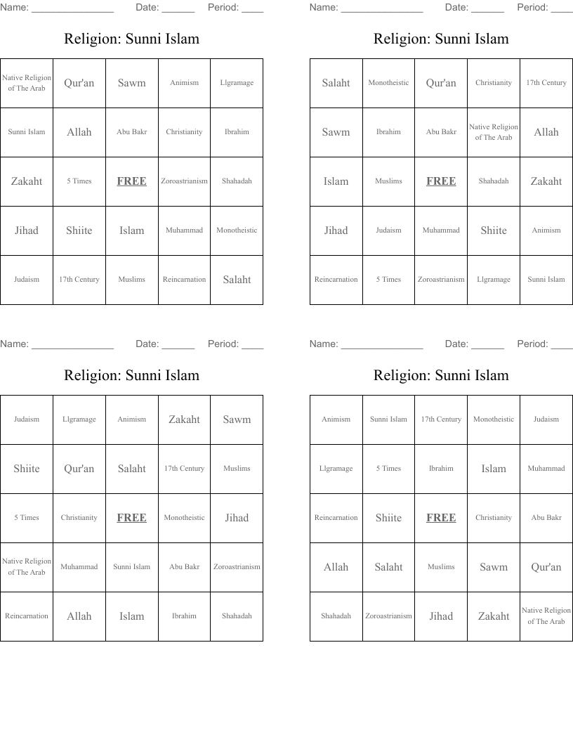 Religion: Sunni Islam Bingo Cards