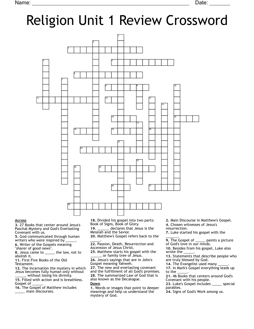 Religion Unit 1 Review Crossword