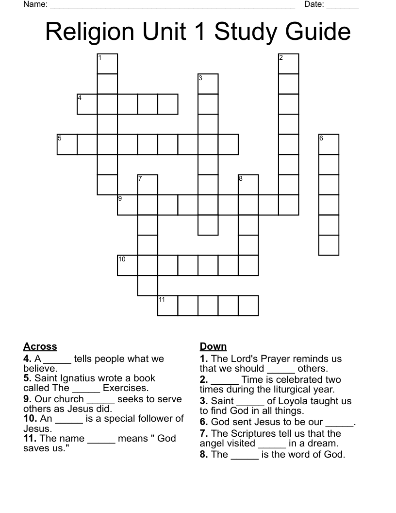 Religion Unit 1 Study Guide Crossword