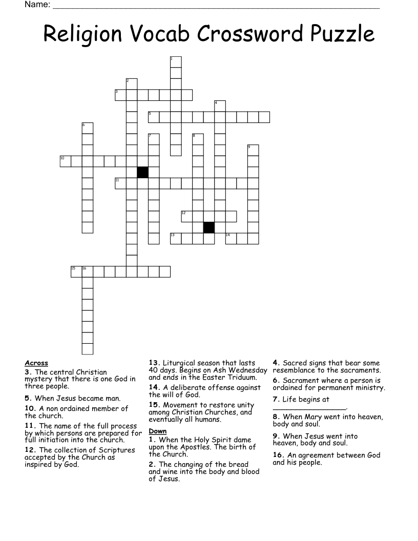 Religion Vocab Crossword Puzzle