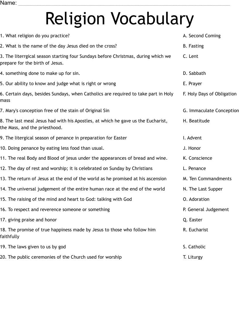 Religion Vocabulary Worksheet