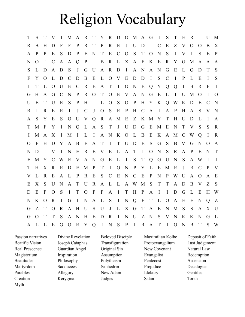 Religion Vocabulary Word Search