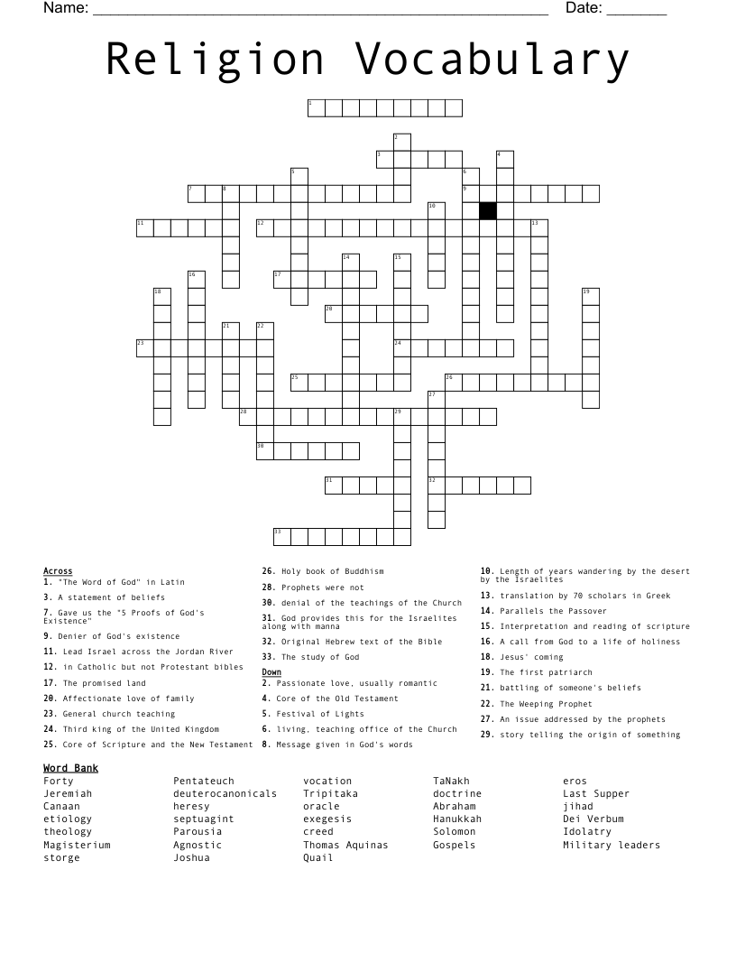 Religion Vocabulary Crossword