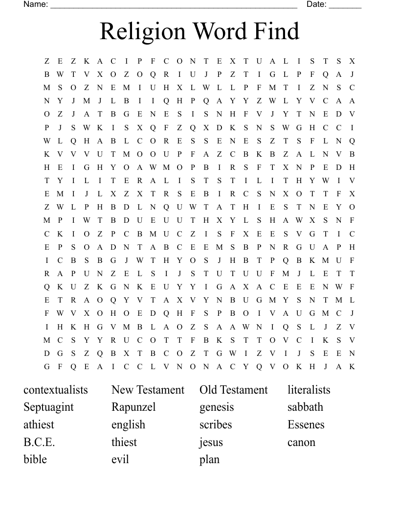 Religion Word Find Word Search