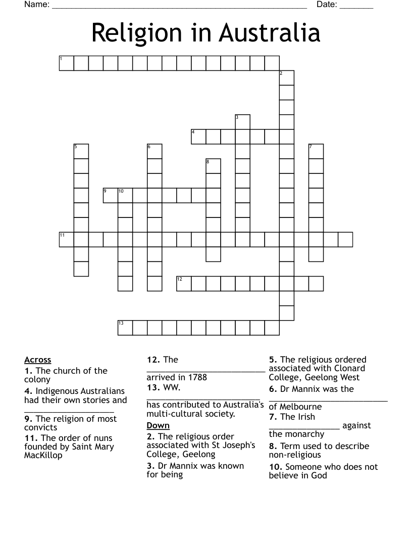 Religion in Australia Crossword