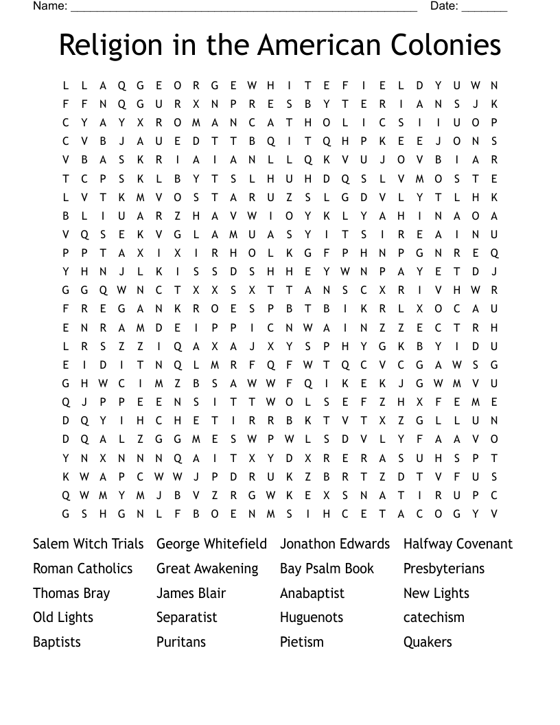 Religion in the American Colonies Word Search