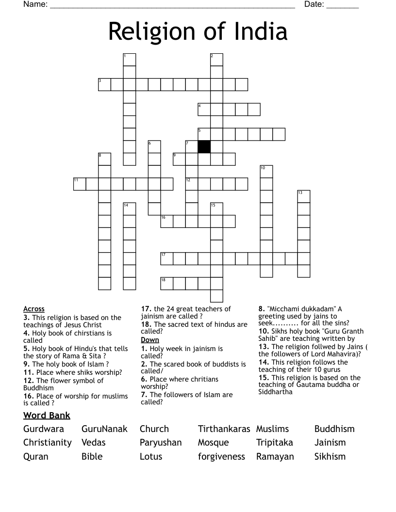 Religion of India  Crossword