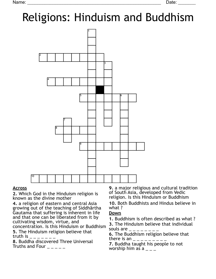 Religions: Hinduism and Buddhism Crossword