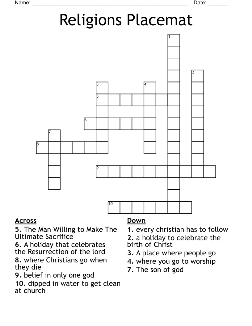 Religions Placemat  Crossword