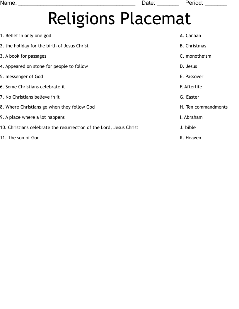 Religions Placemat  Worksheet