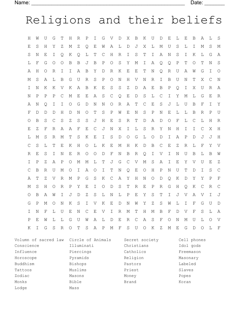 Religions and their beliefs Word Search