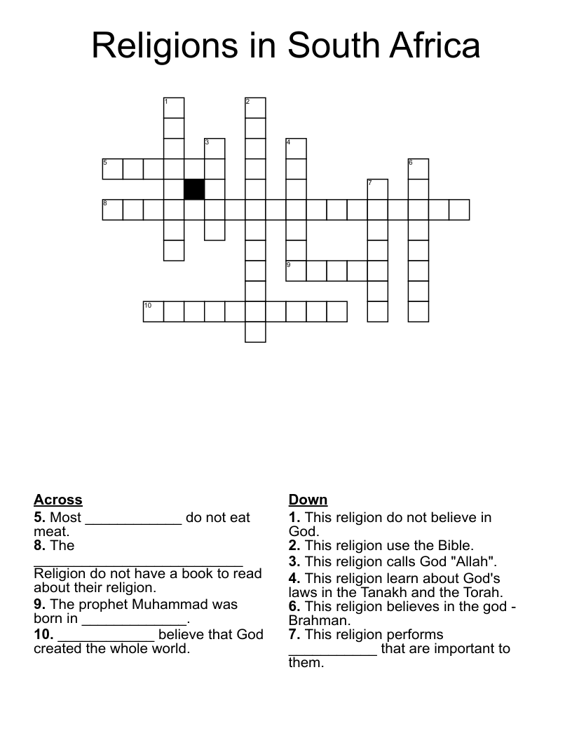 Religions in South Africa Crossword