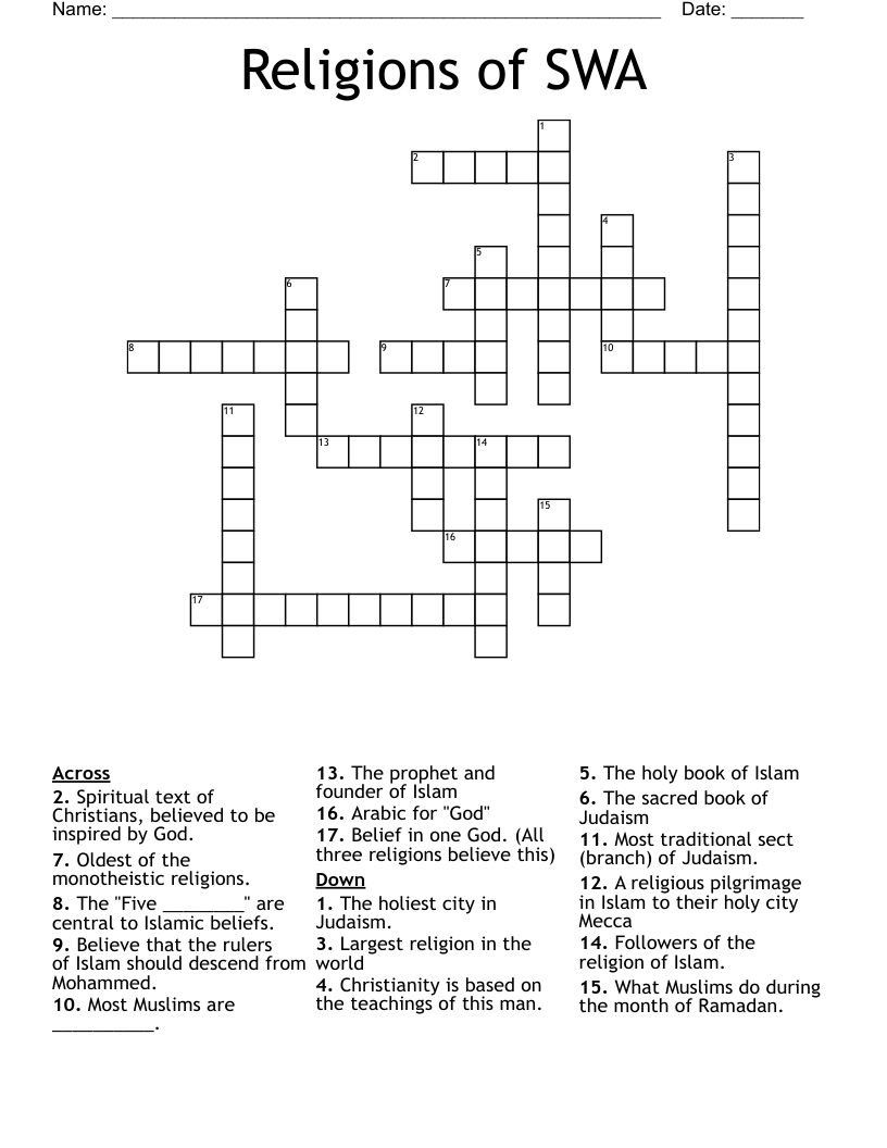 Religions of SWA Crossword