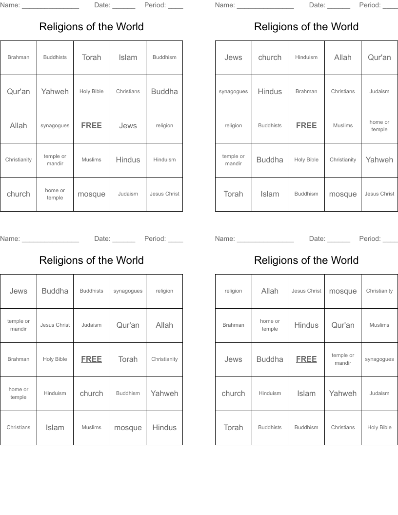 Religions of the World Bingo Cards