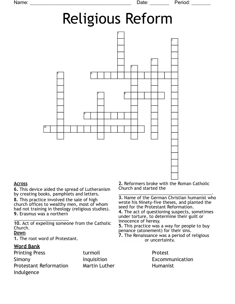 Religious Reform Crossword