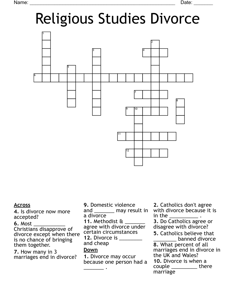Religious Studies Divorce Crossword