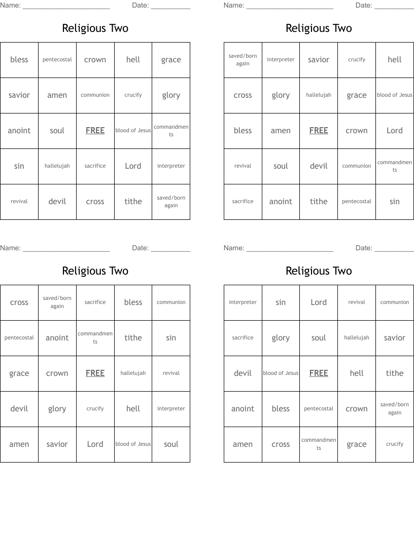 Religious Two Bingo Cards