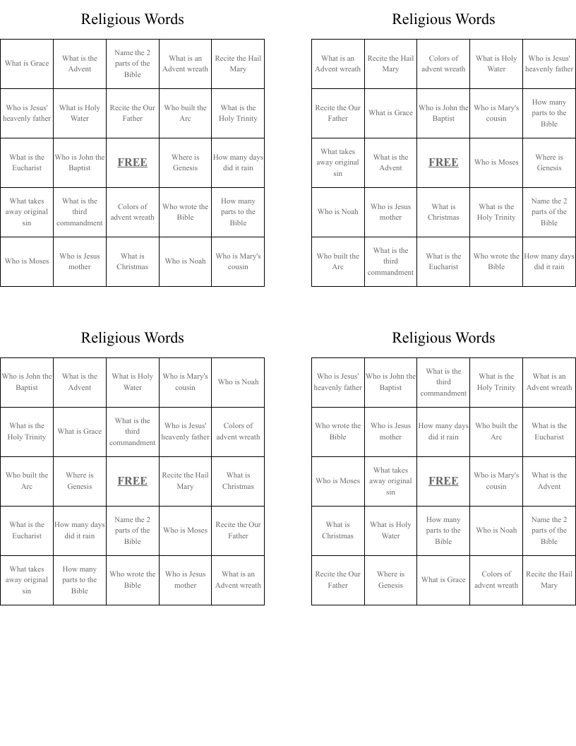 Religious Words Bingo Cards
