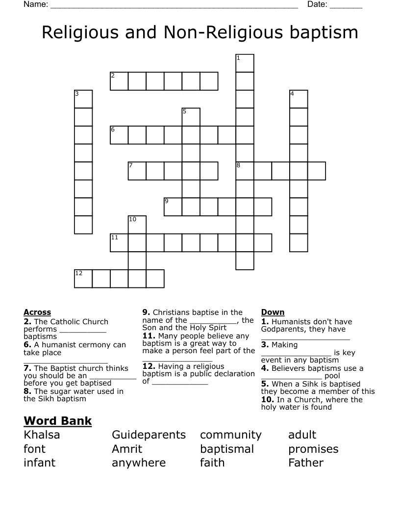Religious and Non-Religious baptism Crossword