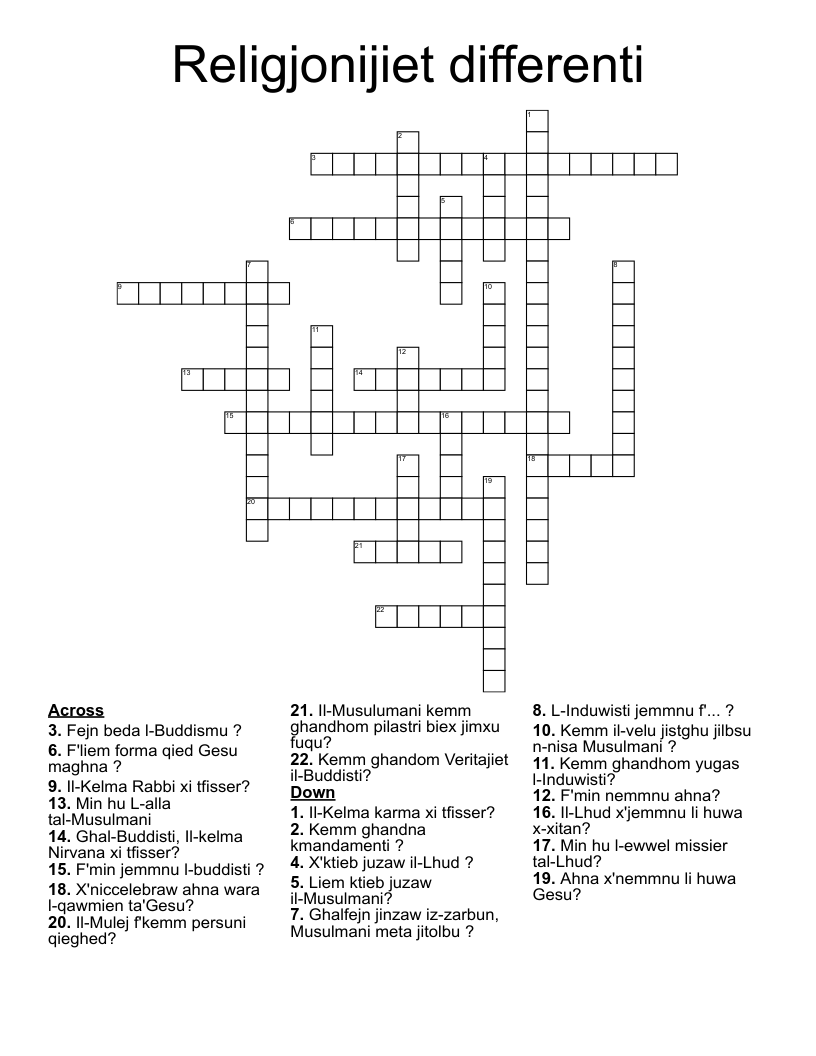 Religjonijiet differenti  Crossword