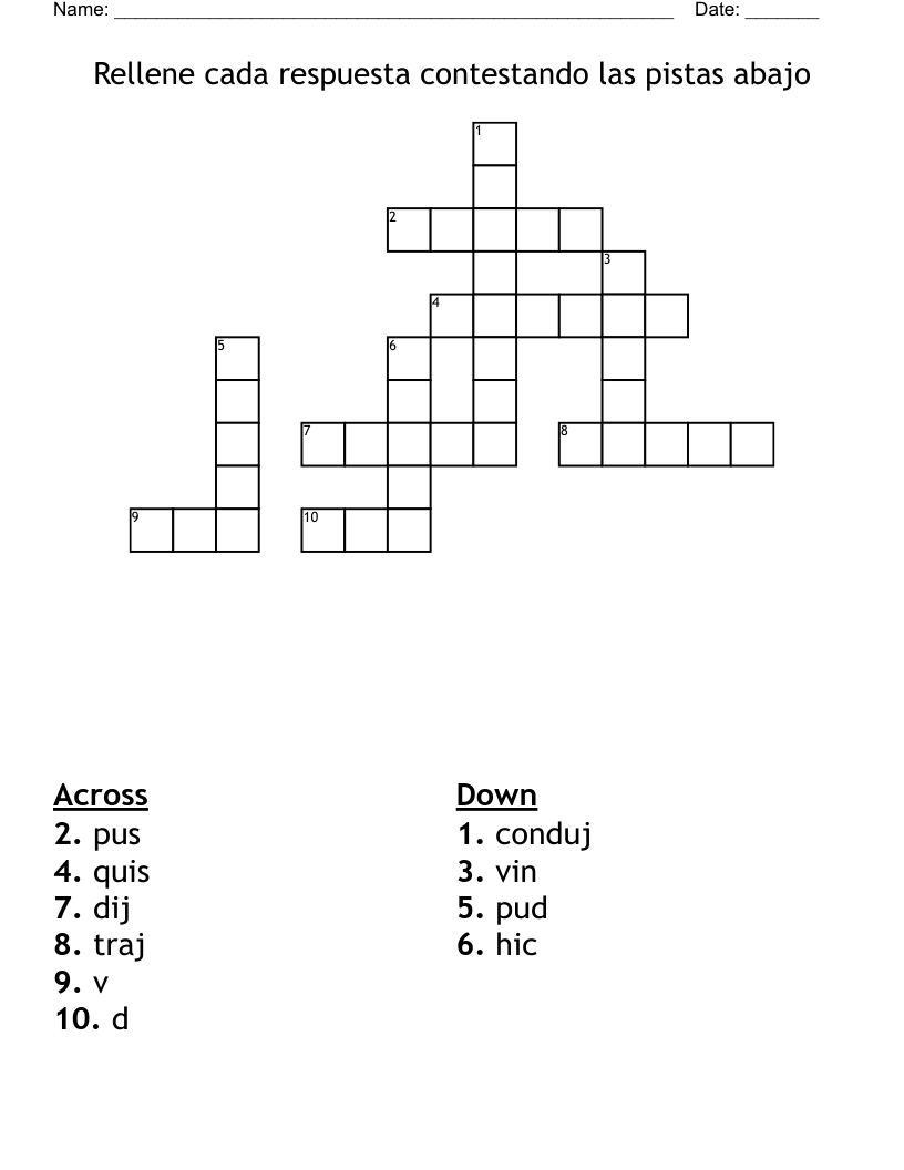 Rellene cada respuesta contestando las pistas abajo Crossword