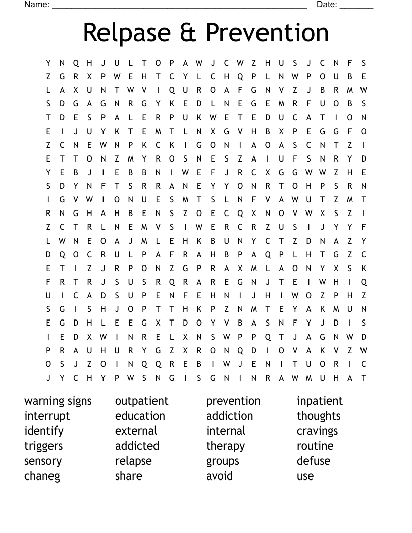 Relpase & Prevention Word Search