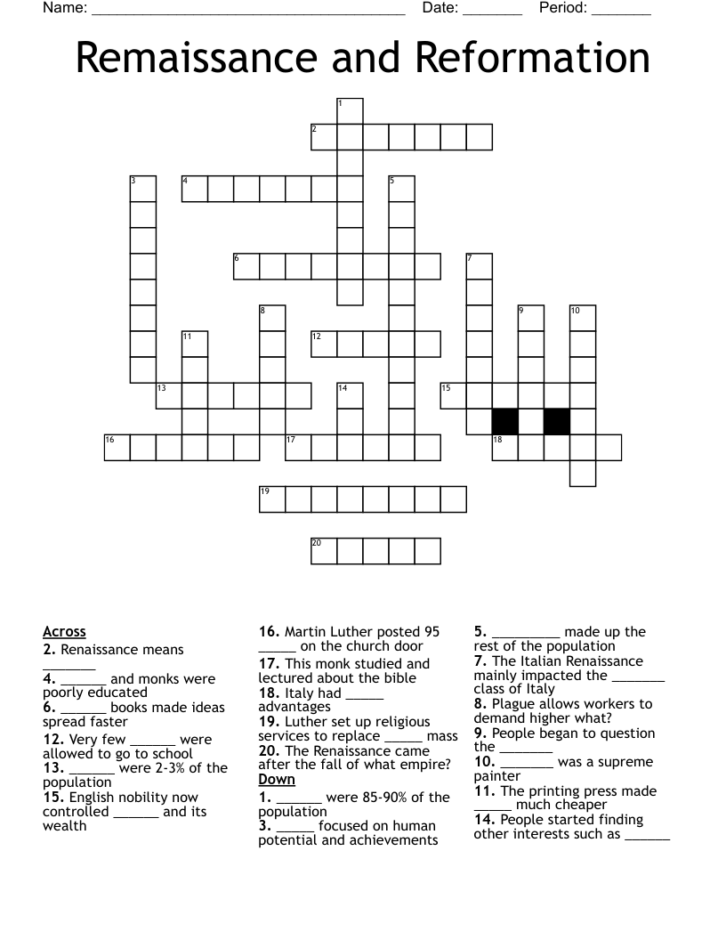 Remaissance and Reformation Crossword