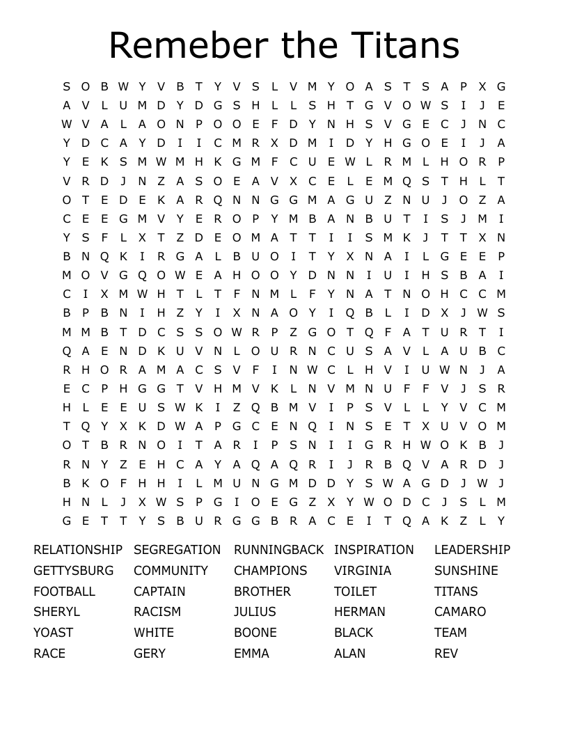 Remeber the Titans Word Search