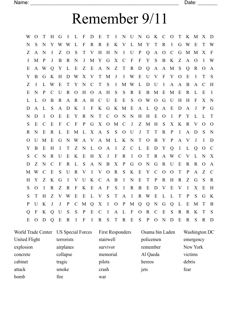 Remember 9/11 Word Search