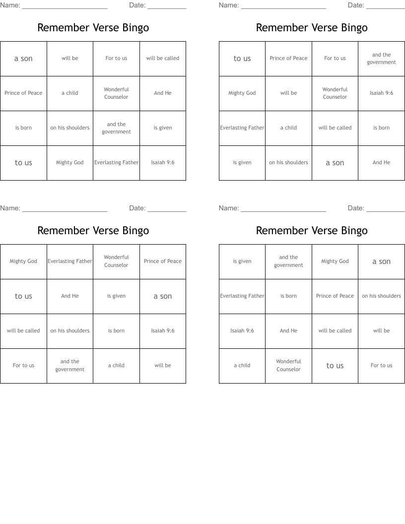 Remember Verse Bingo
