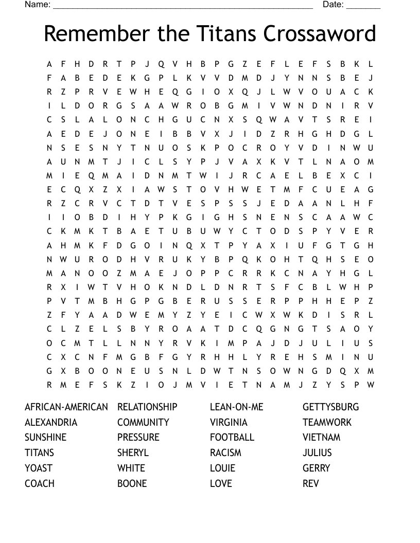 Remember the Titans Crossaword Word Search