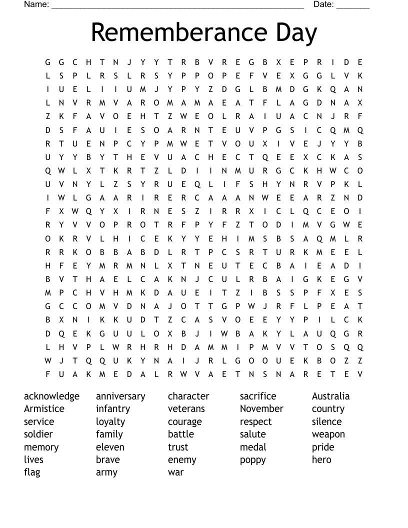 Rememberance Day Word Search